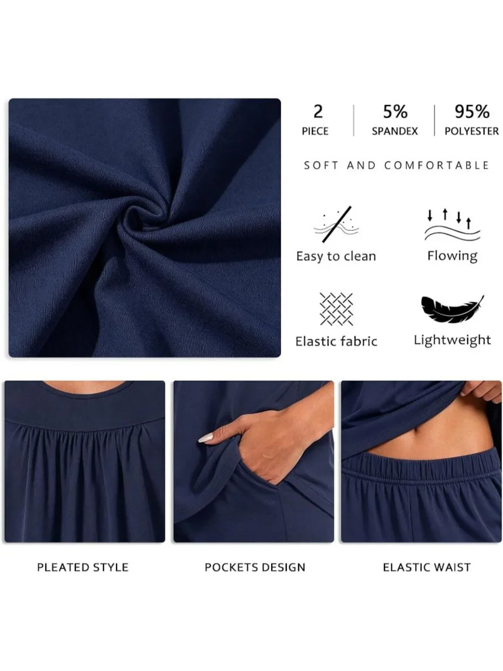 Women's Navy Blue Flowers Loungewear 2 Piece Pajama Sets Sleepwear with Pockets